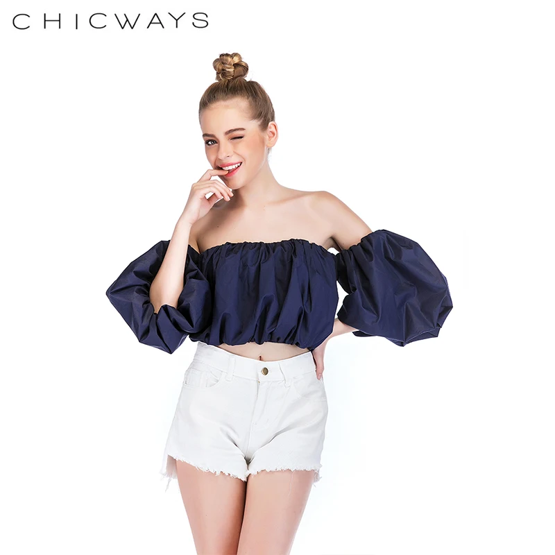Chicways с открытыми плечами короткий рукав укороченный топ пышными рукавами