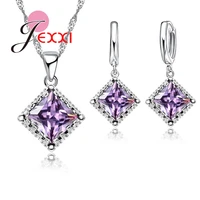 women rhombus cut cz crystal jewelry sets 925 sterling silver necklace earrings set 7 colors birthday gifts wholesale
