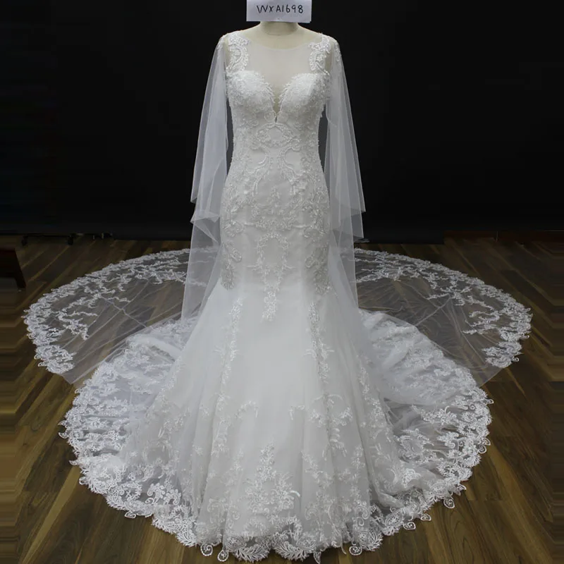

Suknia Slubna Real Scoop Lace Appliques Mermaid Wedding Dresses With Cathedral Train Plus Size Long Backless Bride Dress YW147