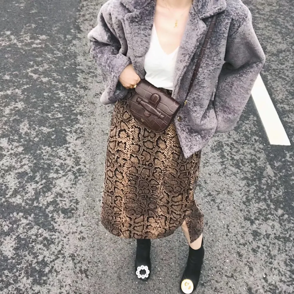 Women Snake Print Skirt Elastic Waist Korean Midi Skirts Women's 2018 Office Lady A Line Split Straight Long Faldas Mujer | Женская