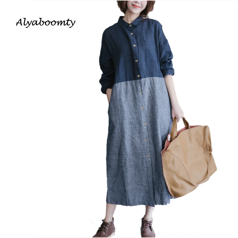 Женское повседневное миди платье-рубашка плюс размер свободное платье в полоску