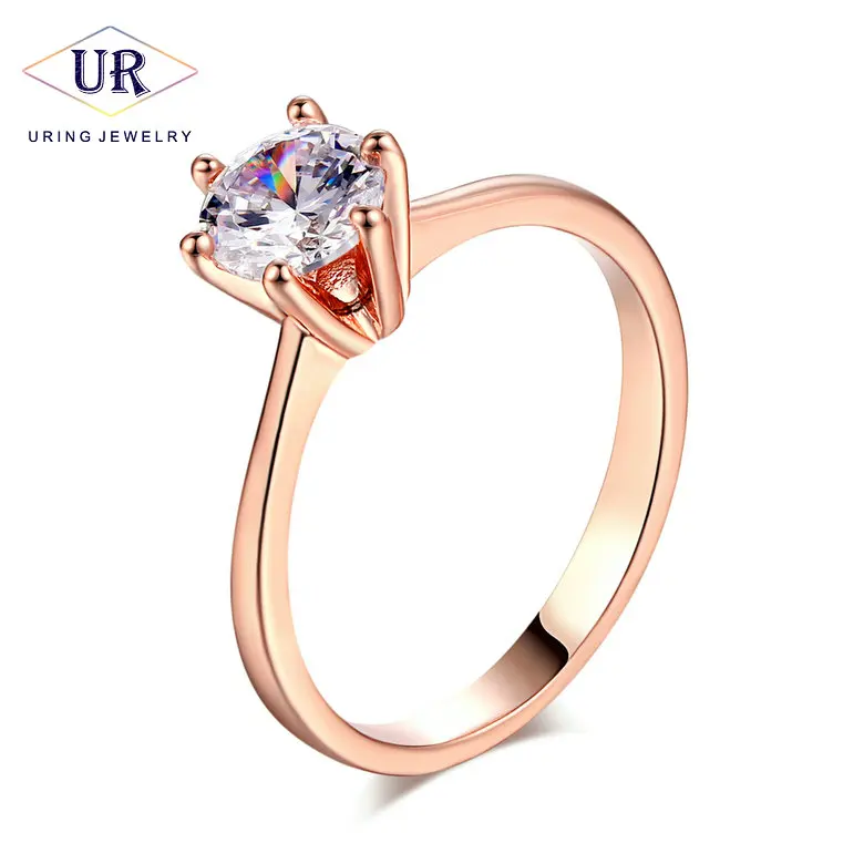 Классический Простой дизайн 6 зубец сверкающий Пасьянс 1ct циркония розовое золото цвет навсегда свадебное кольцо Модные ювелирные изделия R014 R776 - Цвет основного камня: rose gold clear