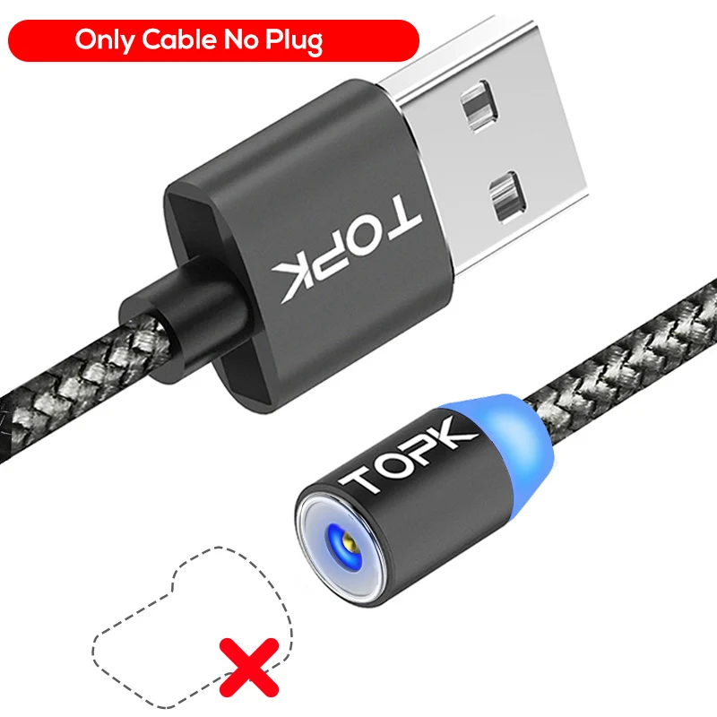 Only Wire No Plug TOPK R-Line1 Магнитный кабель usb type C, обновленный светоотражающий кабель type-C в нейлоновой оплетке светодиодный кабель для зарядки с магнитной USB-C - Цвет: Only Wire No Plug