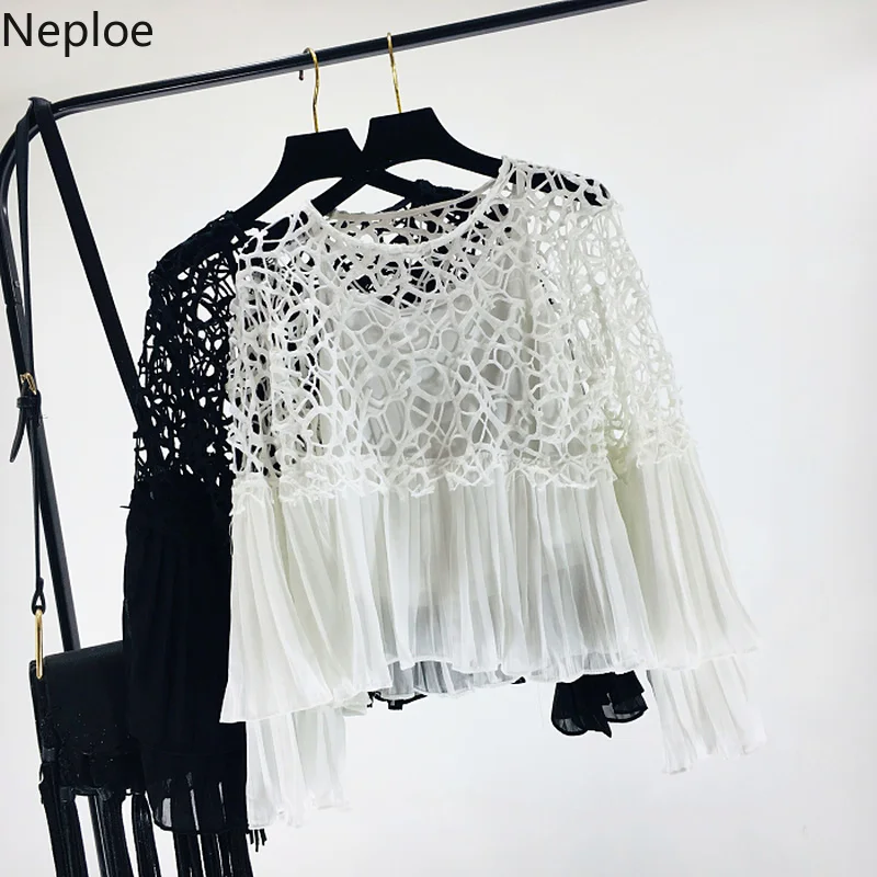 Neploe летние Модная женская блузка кружева Flare рукавом Блузка с прорезями 2019