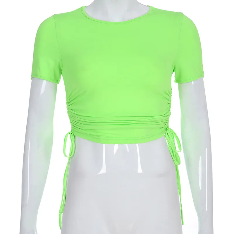 Женская футболка с коротким рукавом флуоресцентная зеленая плиссированная
