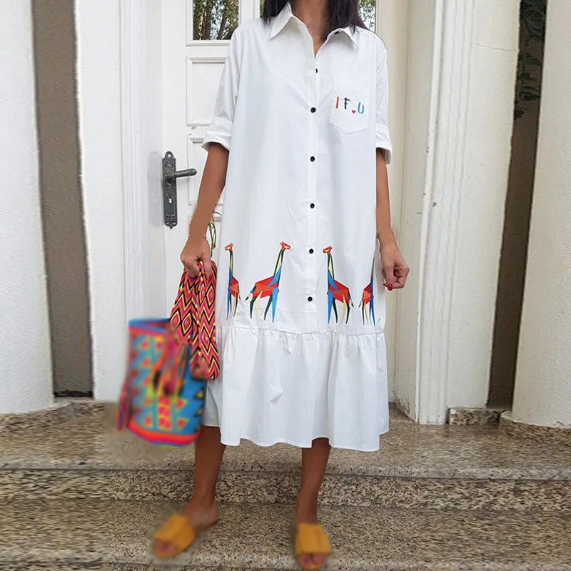 Женское платье повседневное с отворотом летнее свободное длинным рукавом