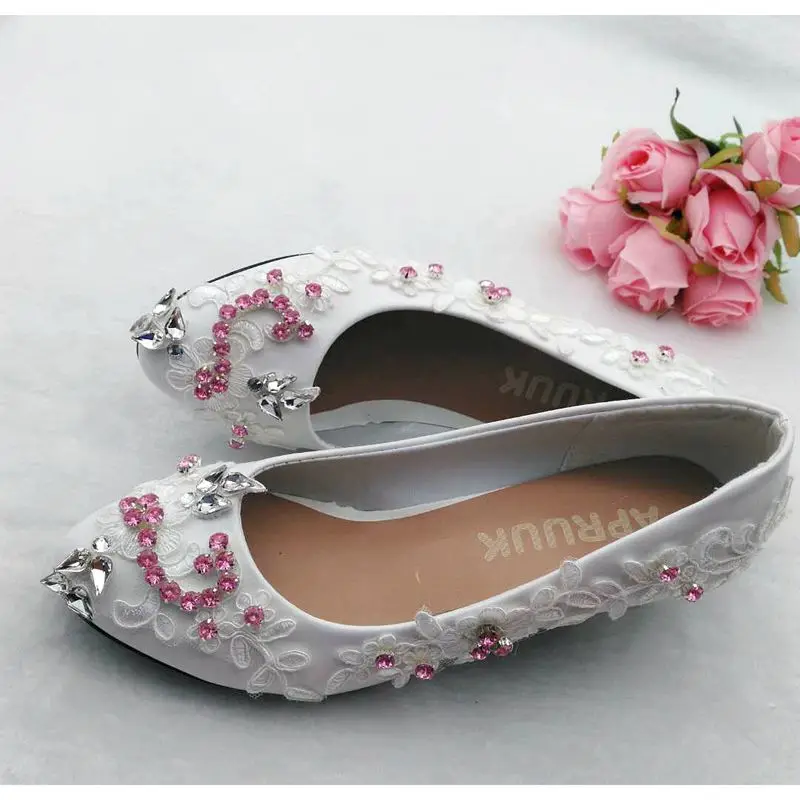 Pink crystal rhinestones wedding shoes bride white lace round toes small low heel lady female party proms dress | Обувь