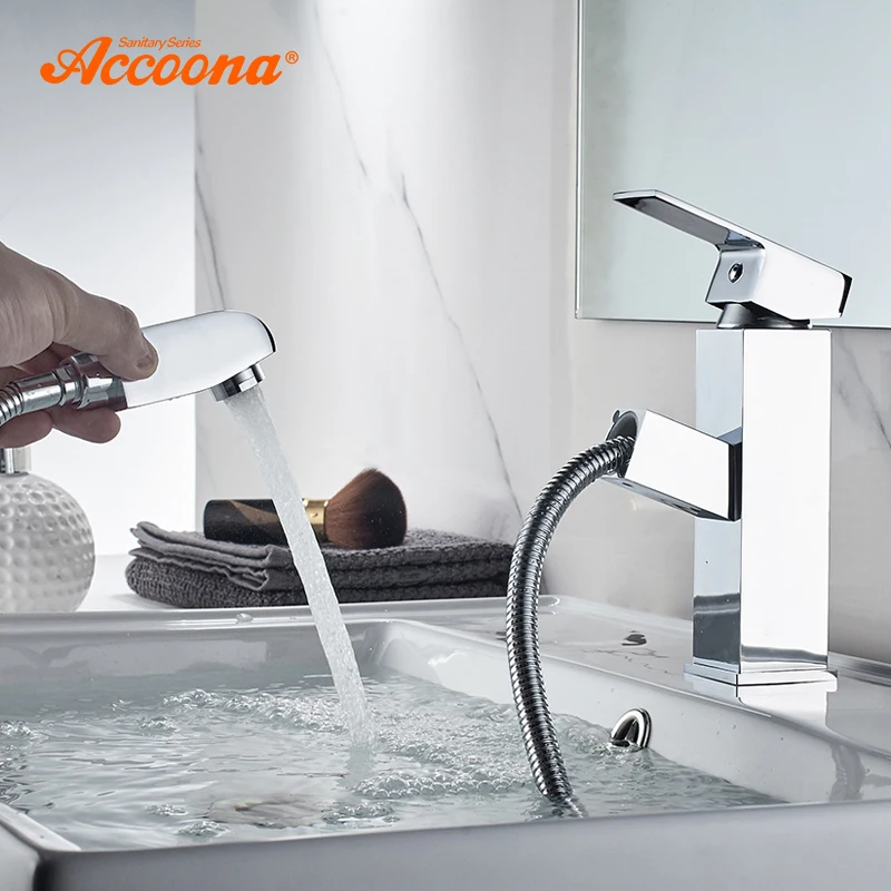 

Accoona Single lever Bathroom Faucet Chrome Polished Solid Brass Pull out Basin Mixer Tap Water Mixer Taps Faucets A9290-3