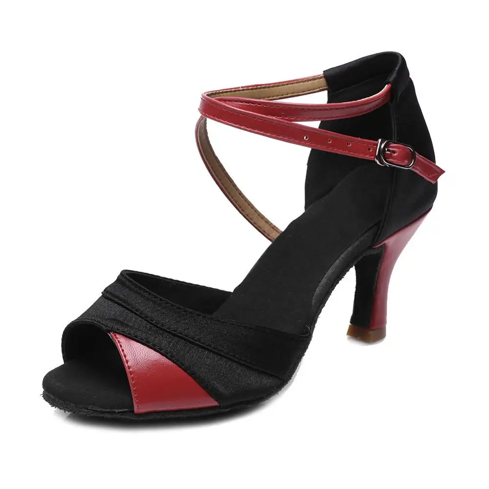 black red 7cm Женская, девичья, Дамская обувь для латинских бальных танцев, атлас/ПУ, профессиональные, сальса, танго, вечерние, танцевальные туфли, высокое качество, 7 см/5 см - Цвет: black red 7cm