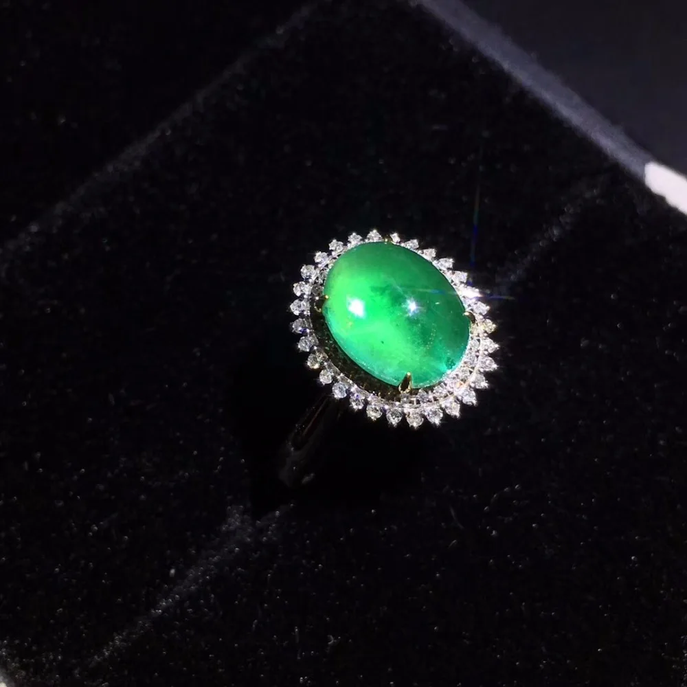 Fine Jewelry CQT 18K Gold 100% Natural Vivid Green Emerald Cabochon Gems 2.21ct 18k Diamonds Female Ring for Women Rings | Украшения и