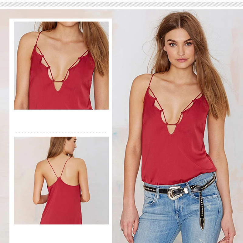 Уличная красный летний топ уличная шифоновая пикантные майки Camis Rope глубокий v