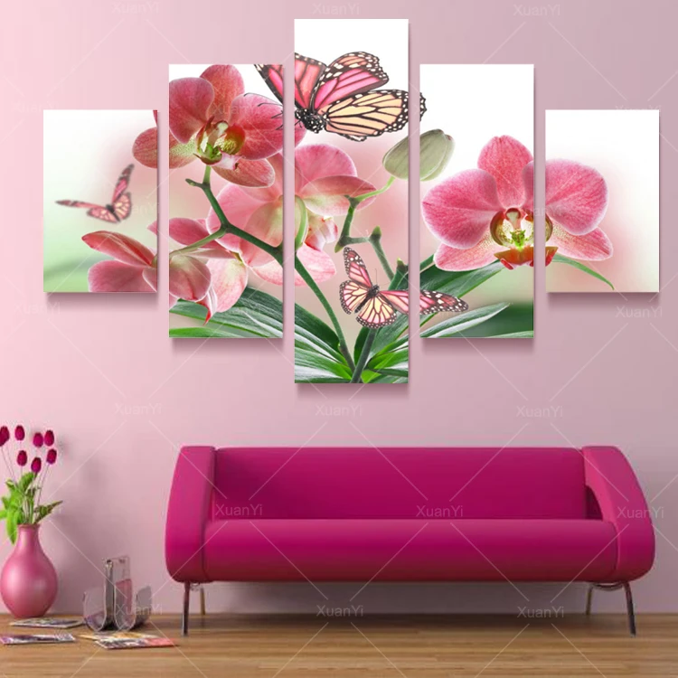 

5 Panel Butterfly Flower Oil Canvas Art Painting Modern Printed Wall Pictures Cuadros For Living Room Bed Room Unframed PR950