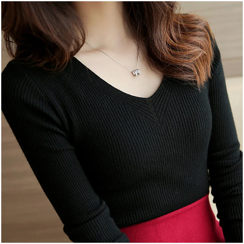 NEW Autumn Winter Sweater Women v-neck Tight Bottoming female Knitted Pullovers long sleeve cheap tops warm basic black | Женская одежда