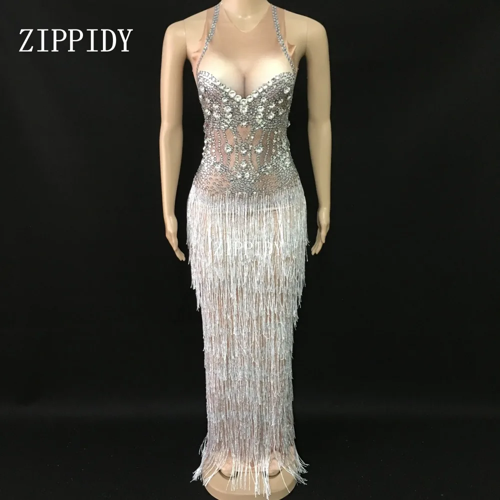 

Sparkly Rhinestones Tassel Stretch Spandex Dress Nightclub Female Singer Show Clothes Women's Birthday Celebrate Outfit Dresses