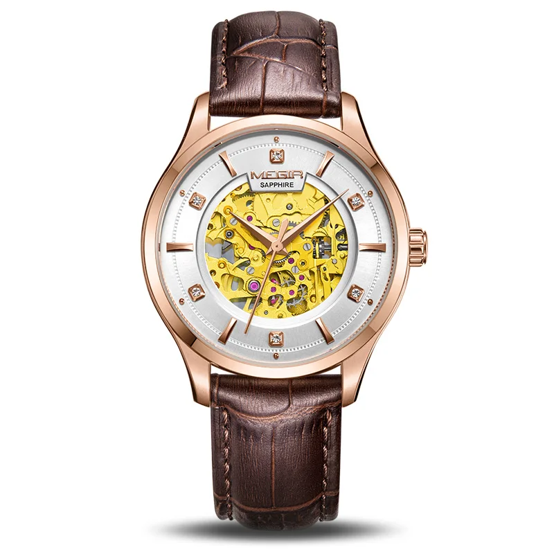 Brown leather MEGIR новые автоматические механические часы лучший бренд класса люкс сапфировое стекло Скелет Мужские часы кожа золотой дизайн наручные часы - Цвет: Brown leather