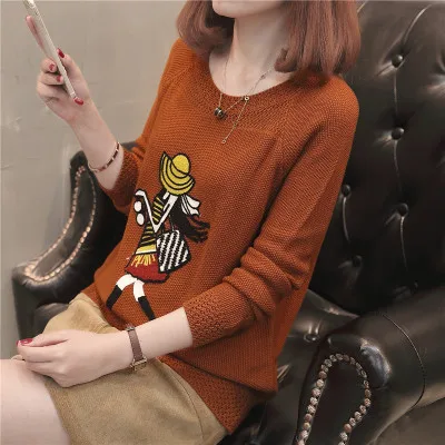 Caramel colour Весенний вязаный свитер Для женщин вышитые топы Тонкий дна рубашки пуловер Свободные длинным рукавом Для женщин вязаный свитер Джемперы Женские - Цвет: Caramel colour