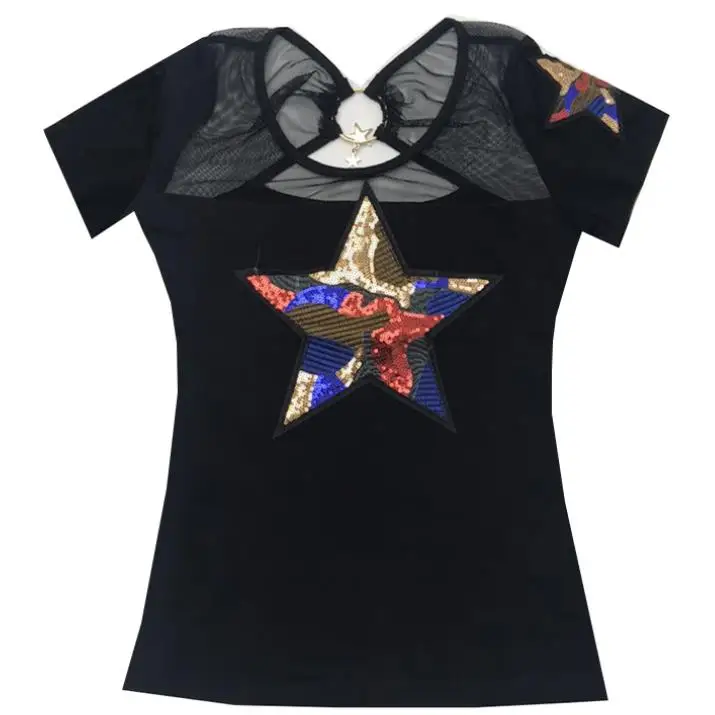 

sequined short sleeve t-shirt women 2022 new summer fashion mesh patchwork hollow top tees plus size