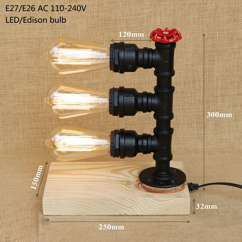 Современная черная настольная лампа в стиле стимпанк из железа и дерева с