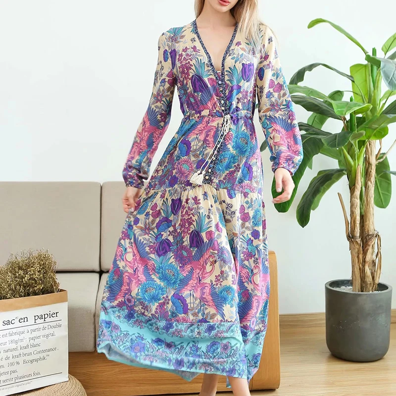 Boho Фламинго осеннее платье с длинными рукавами экзотические Цветочный принт