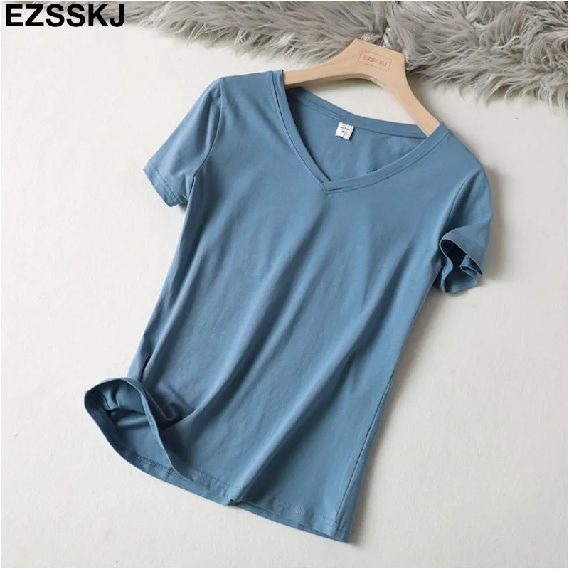 v-neck bule Повседневная футболка из 95% хлопка с v-образным вырезом, женская летняя Базовая футболка с коротким рукавом размера плюс 3XL, Однотонная футболка, женская футболка большого размера - Цвет: v-neck bule