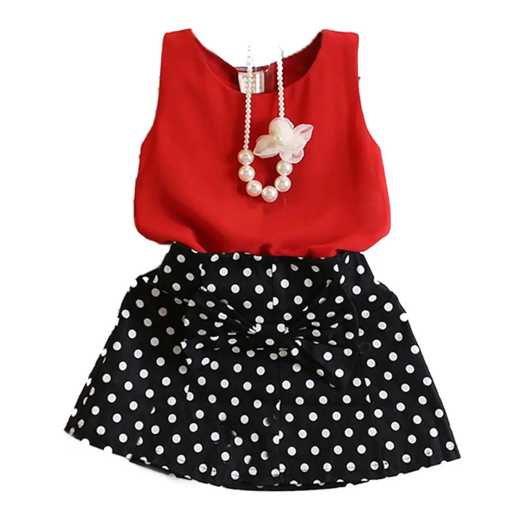 2pcs/set Summer Girls Dress suit children girl clothing Outfits red Chiffon Tops + Dot Skirt kids sets | Детская одежда и обувь