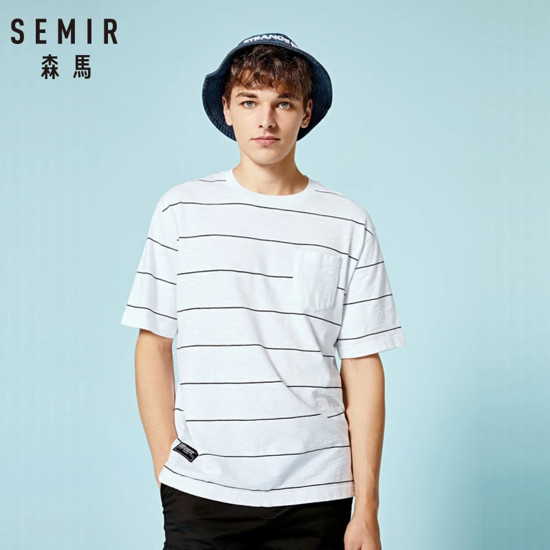 SEMIR мужская полосатая футболка с карманом на груди круглым вырезом топы для