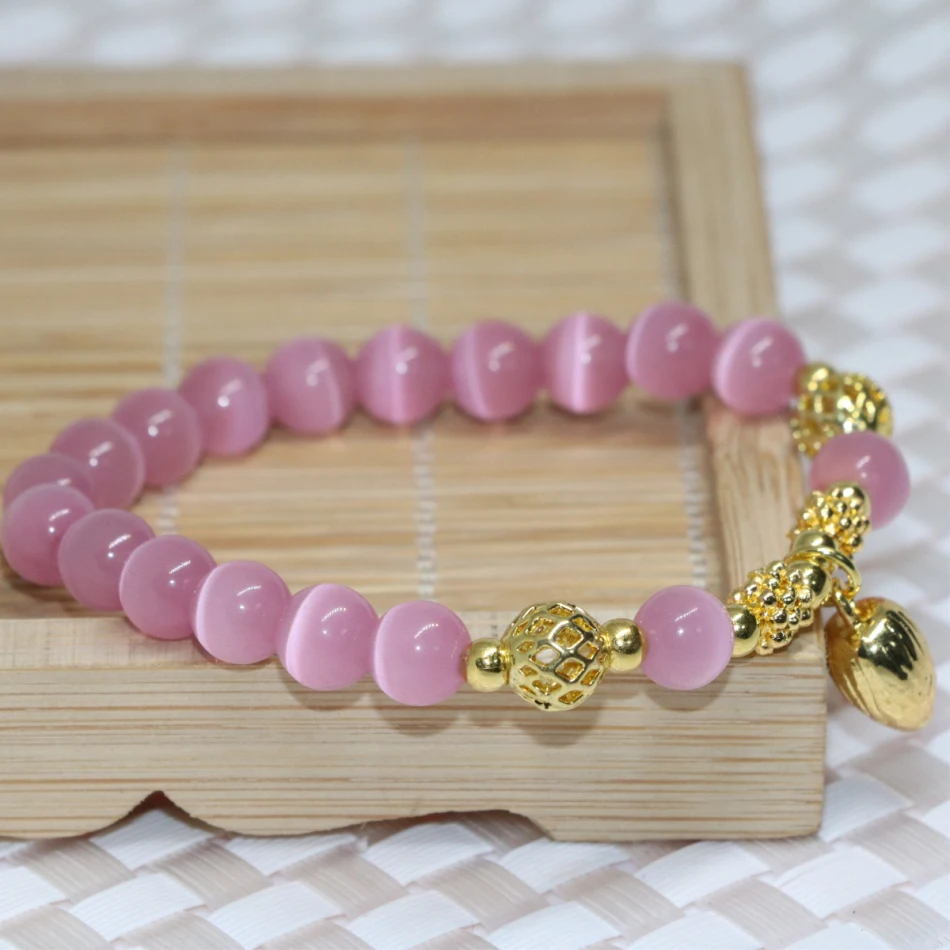 Уникальный дизайн розовый &quotкошачий глаз&quot из опала 8 мм круглые бусины браслет