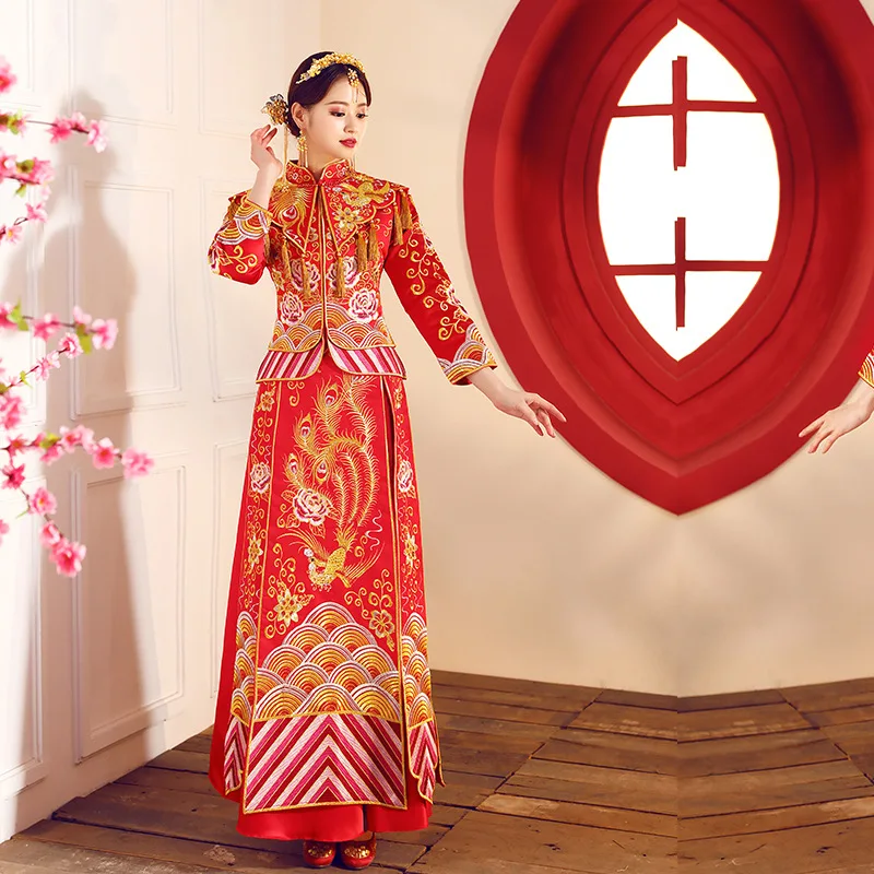 Красное женское традиционное свадебное платье Qipao 2018 новое с вышивкой и