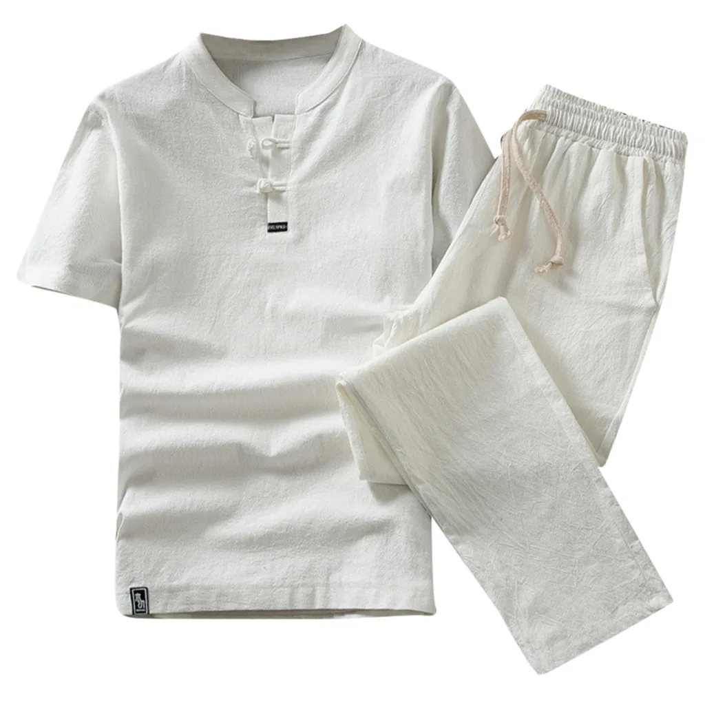 casual mens clothing set 2019 Summer chinese style Cotton Linen comfortable Short Sleeve men shirt pants trousers d90613 | Мужская