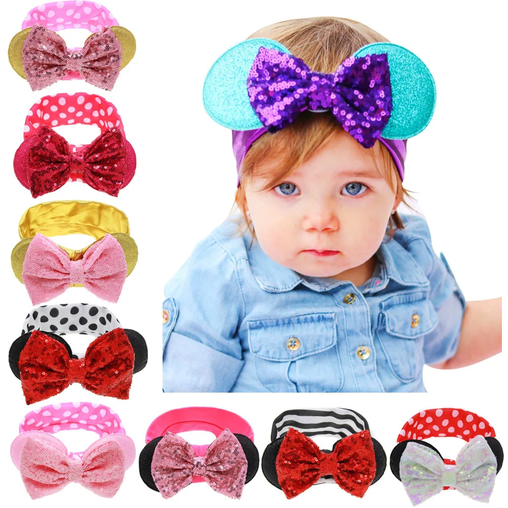 New Baby Nylon Headbands Minnie Mouse Ears Headband Hairbands Sequin Bowknot Headwear for Newborn Elastic Hair Accessories | Детская