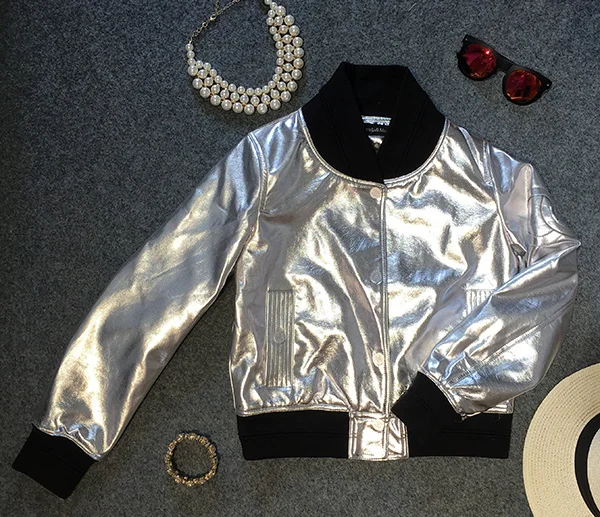 

Autumn Silvery White Shiny Bling Design Short Outerwear Jacket Baseball Uniform Leather Clothing Motorcycle Jacket Female