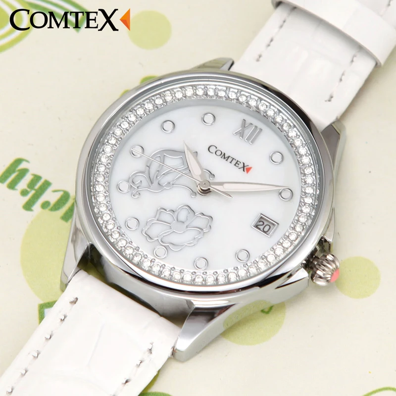 Comtex Для женщин часы с перламутровым циферблатом и белая кожа бабочка модные