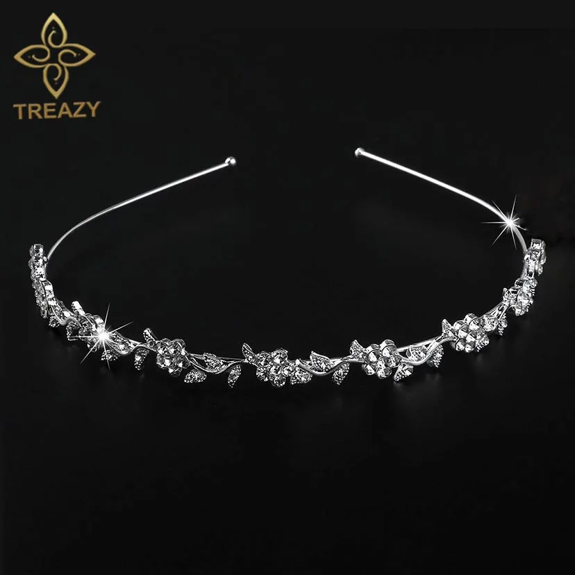 TREAZY Floral Wedding Tiaras Bridal Hair Accessories Women Rhinestones Crystal Headband Crown Simple Diadem Wedding Bride Gifts