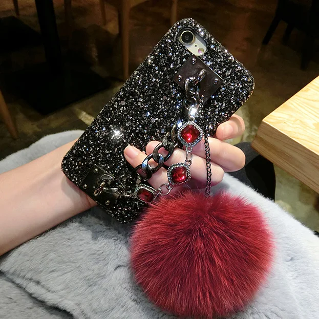 for Iphone X 8 7 6S Plus Galaxy S8 S9 Note Lady Bling Glitter Retro Hand Strap Metal Chain Fur Hard Case Cover Protector |