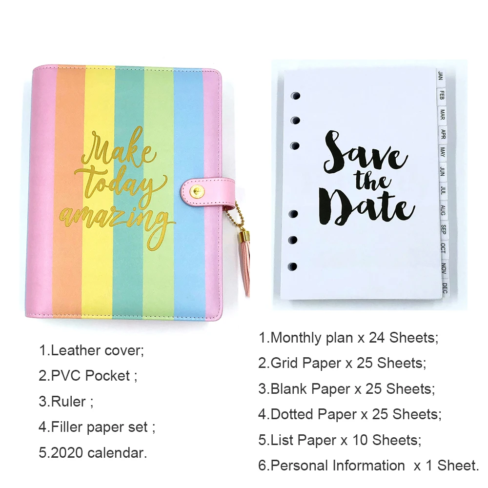 rainbow basic set С кожаным переплетом, записные книжки и дневники A5A6, ежедневник, органайзер, ежемесячный недельный дневник, Подарочные канцелярские принадлежности - Цвет: rainbow basic set
