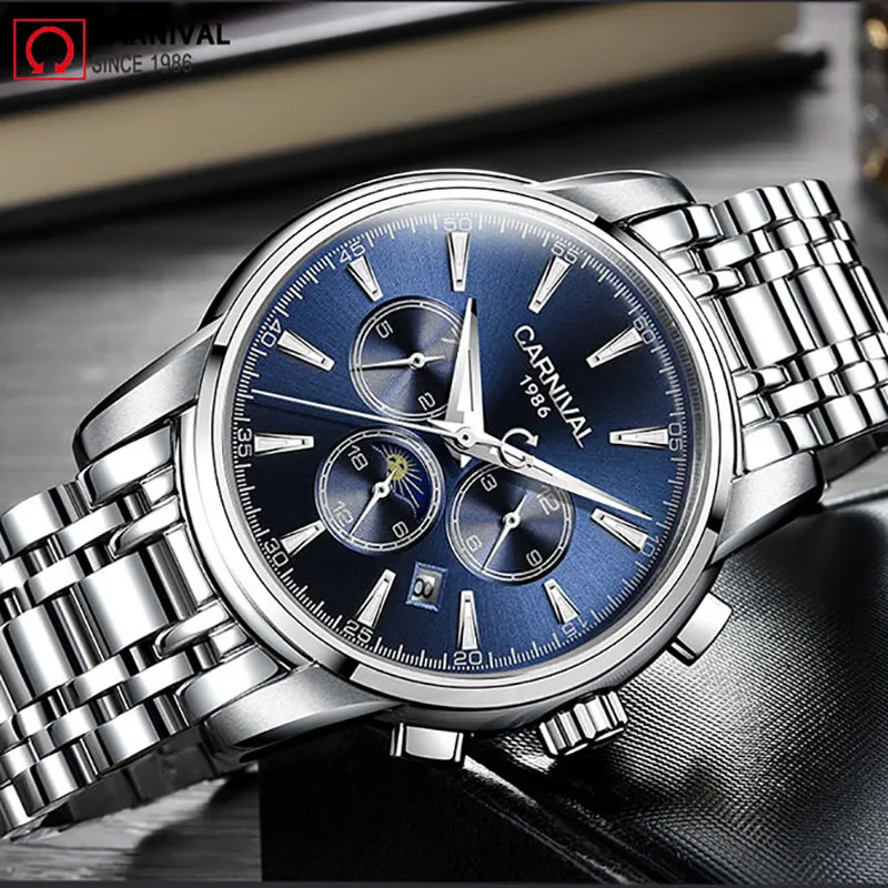 Часы Carnival Moon Phase Мужские механические автоматические светящиеся
