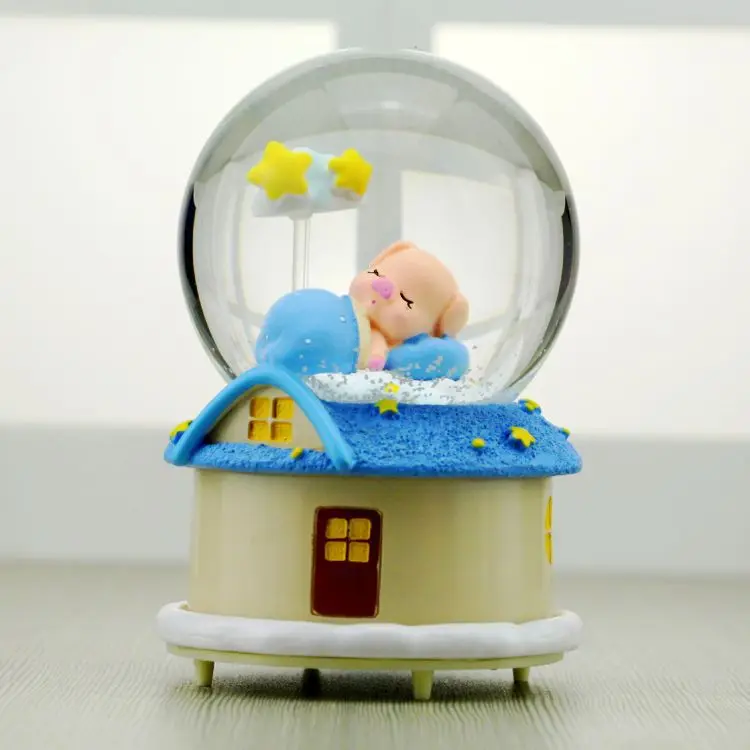 12*9CM Cute Blue Sleeping Pig Snow Globe Glass Crystal Ball Music Box Home Desktop Decor Wedding Christmas New Year Gifts | Дом и сад
