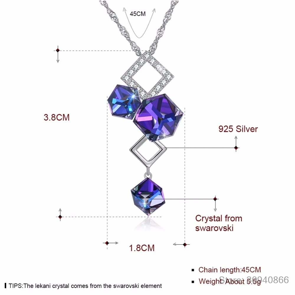 LEKANI Crystals Purple Square Bead Pendant Necklace Chic 925 Sterling Silver Chain Collar For Women Fine Jewelry | Украшения и