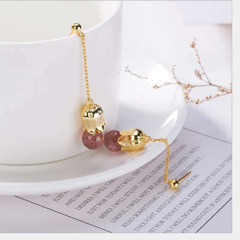 Серьги женские из серебра 925 пробы с натуральным розовым клубничным кварцем |