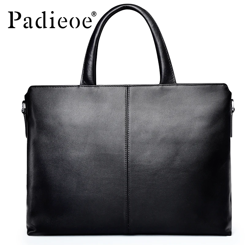 Padieoe New Designer Brand Genuine Cow Leather Men's Briefcase Fashion Solid Color Mens Shoulder Bag Business Laptop Bag