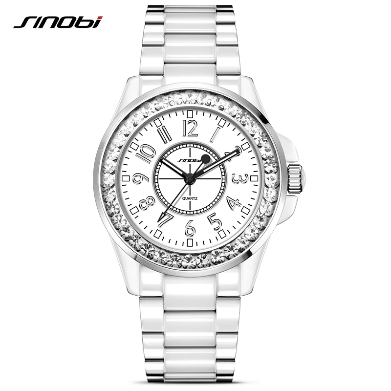 11S9390G01 Модные брендовые часы SINOBI Relogio Feminino, женские керамические белые часы, женские повседневные часы с кристаллами, блестящие часы для девушек - Цвет: 11S9390G01