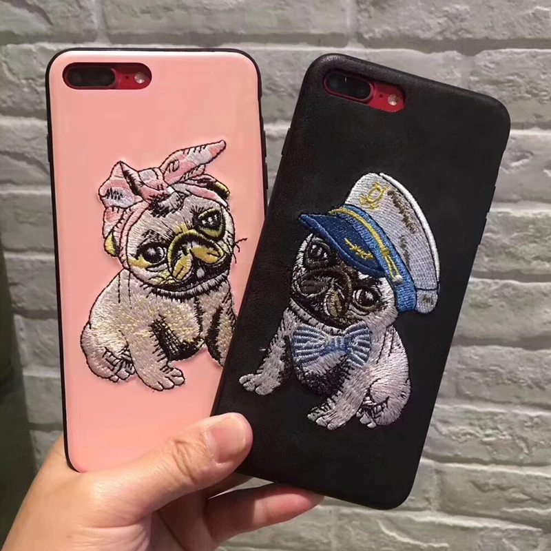 Fashion Luxury Korea Cute Embroidery Bow bulldog Navy Hat Dog Anti-skid Cloth Warming Pc+tpu Phone Case For IphoneXS/6/7/8plus |