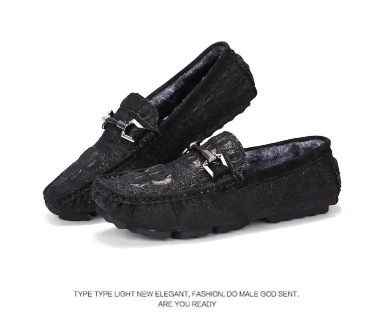 Men Loafers Plush Keep Warm Soft Moccasins Winter Suede Leather Slip On Shoes Casual Mens Fur Flats Gommino Driving Shoes Black