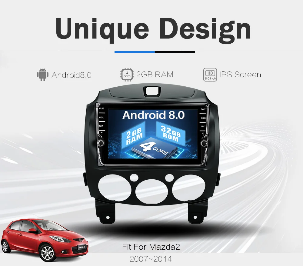Funrover ips " Android 8,0 Уникальный 2 din автомобильный dvd Авто радио gps для Mazda 2 mazda 2 2007- Wifi навигационный магнитофон RDS