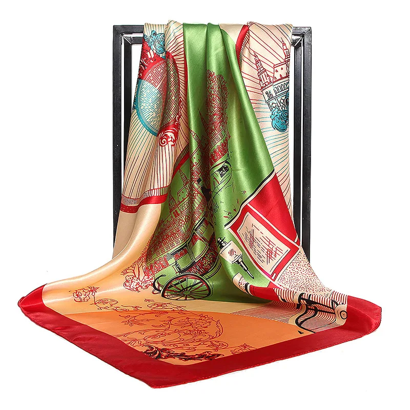 Navy orange Hijab Shawl Scarf Women Satin Fashion Retro waterwheel Printed Female Square Scarves Head Wraps 2018 NEW 90x90cm | Аксессуары