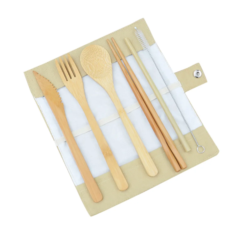 Столовые приборы из бамбука набор посуды многоразовый портативный дорожный