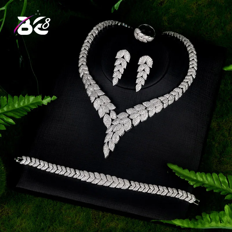 Be 8 новые модные свадебные комплекты ювелирных изделий наивысшего качества AAA CZ дизайн листьев свадебные серьги ожерелье комплект ювелирны...