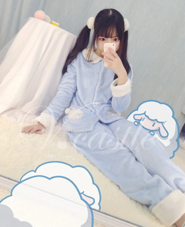 Зимняя флисовая одежда для сна Kawaii девочек с овечьими хвостами и меховым