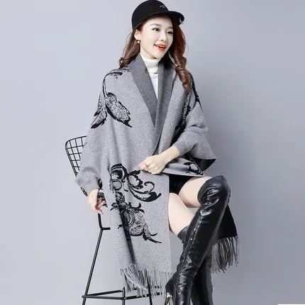 Flower - grey Женские Элегантные кардиганы, свитер, плащ, пальто, свободная кисточка, рукав летучая мышь, Осень-зима, кашемировый вязаный кардиган, свитер, шарф, накидка - Цвет: Flower - grey