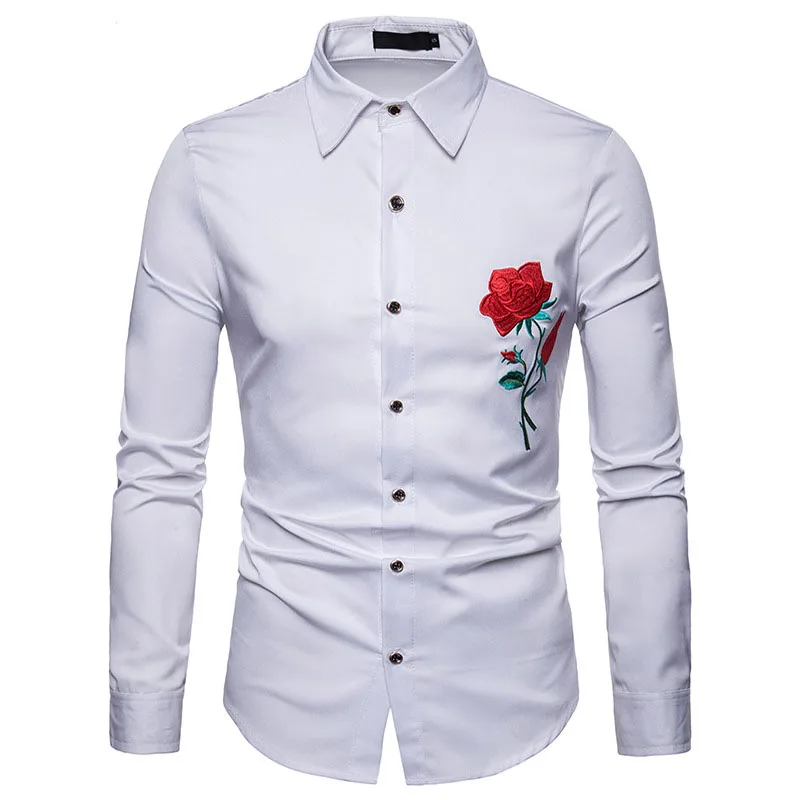 

Rose Floral Embroidery Shirt Men 2021 Brand New Long Sleeve Shirt Mens Casual Button Down Dress Shirts Wedding Tuxedo Shirt XXL